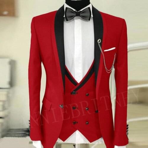 Red Wedding Suits for Men Slim Fit Groom Tuxedo Jacket Pants Vest 3 piece Dinner Prom Men Suit Blazer 2020