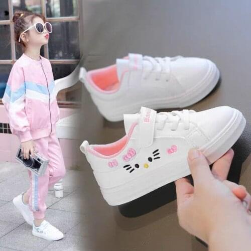 Girls Shoes Fashion Small White Shoe Summer Lightweight Lace-up Cute Cat Pattern Skateboarding Sports Shoes Casual Kid Sneakers