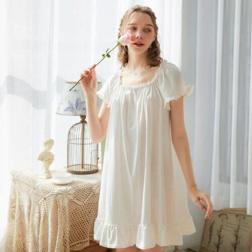 Summer White Short Sleeve Cotton Female Retro Court Style Princess Cute kawaii Loose Nightgown lingerie sleepwear nightdress