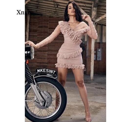 Sweet Summer Irregular Lace Ruffle Bandage Mini Dress Slim Perspective Long Sleeve Elegant Dress Sexy Mesh See-Through Dresses