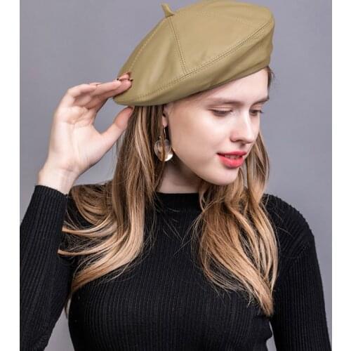Fashion Lambskin Bonia Women Winter British Genuine Leather Painter Hat Female Retro Korean Octagonal Bonnet Pink/Khaki Beret