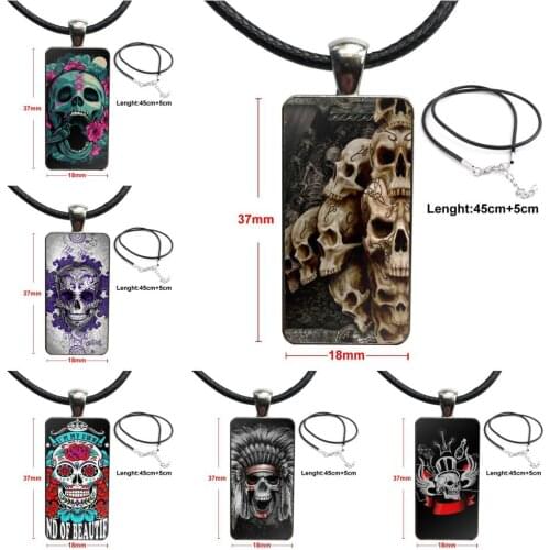 Design Fashion Vintage Glass Women Rectangle Necklace Pendants For Girls Gift Skeleton Skull Tattoo