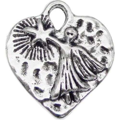 Julie Wang 10PCS Heart Shape Charms Antique Silver Color Zinc Alloy Angle Pendants Bracelet Jewelry Making Accessory