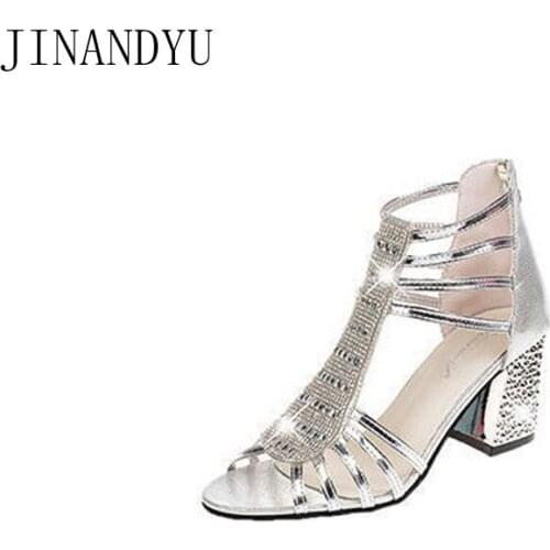 Chunky High Heels Gladiator Sandals Women Shoes Rhinestone Crystal Heels Sexy Summer Dress Shoes for Women Zapatos Femenino