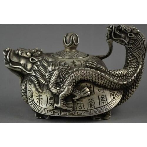 Old Handwork Chinese Tibetan Silver Auspicious Fairy Dragon Head Teapot