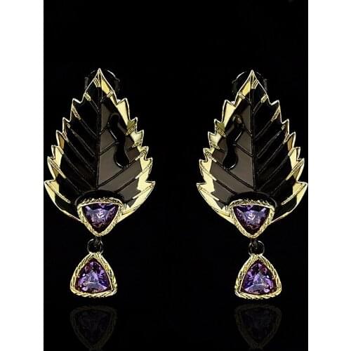 New retro fashion luxury amethyst incomplete maple leaf wild hollow feather 14K black gold earrings womens brand jewelry
