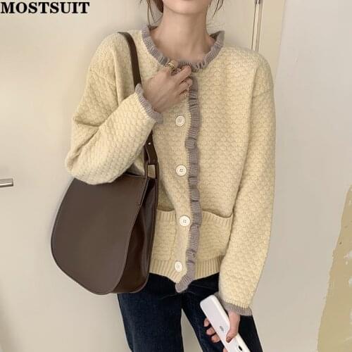 Knitting Cardigan Sweaters Woman Autumn Winter 2021 New Button Up Fashion Long Sleeve O-neck Pockets Casual Loose Tops Knitwear