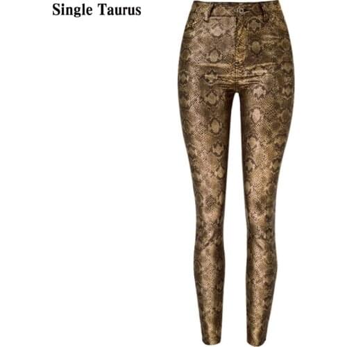 Women Snake Print Pants Women High Waist Push Up Skinny Jeans Femme Streetwear Animal Pattern Patchwork Vintage Golden Leggings