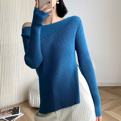 Slash Neck Women Sweater 2021 Autumn Knitted Pullover Jumper Korean Fashion Slim Long Sleeve Top Ladies Irregular Split Sweaters