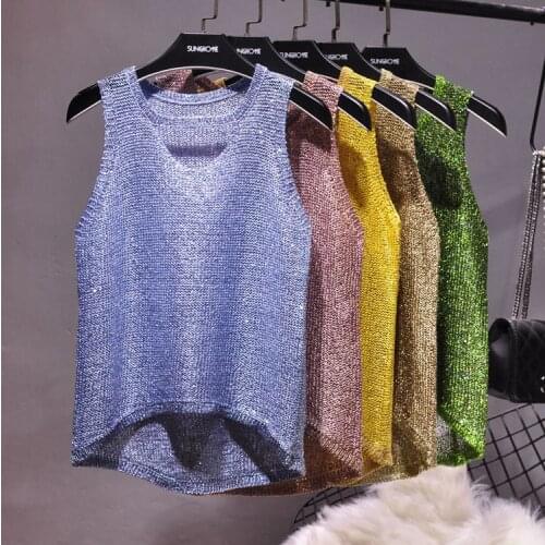 2020 Summer New Sexy Sequined Knit Camisole Top Female Sleeveless Hollow Out Tank Shirt Womens Loose Casual Crop Tops