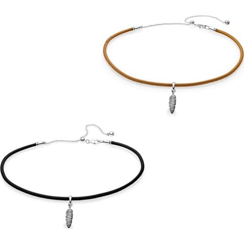 NEW 2018 NEW 925 Sterling Silver Black & Golden Tan Leather Choker Necklace with Feather Pendant For Women Jewelry Gift