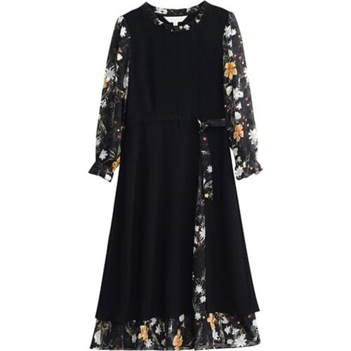 Women Chiffon Dress Two Layers 2021Spring and Autumn Fashion Female Long Sleeve Vintage Printed Casual Dresses Loose A-lineFC723