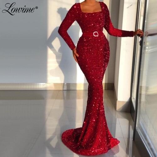 Lowime Burgundy Sequined Mermaid Evening Dresses 2021 Custom Made Plus Size Long Sleeves Formal Women Evening Wear Party Gowns