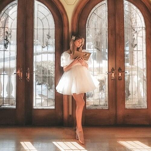 Dreamy White Puff Sleeves Evening Dresses 2021 Organza Short Babydoll Knee-Length A-Line Prom Party Gowns vestidos de fiesta