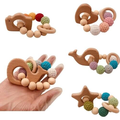 1pc Wooden Teether Baby Bracelet Animal Shaped Jewelry Teething For Wood Beads Baby Rattle Stroller Accessories Toy Baby Chew