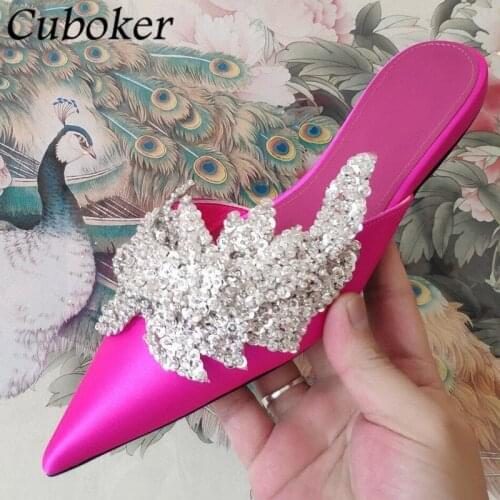 2021 Brand Designer Flat With Crystal Slippers Pointed Toe Sequins Decor Ladies Slides Summer Flat Sexy Slippers Women Mujer