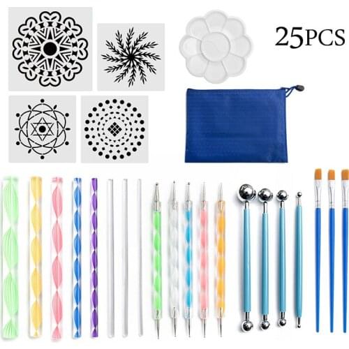 25pcs/set Mandala Dotting Tools Set Pattern Mold Embossing Dot Kit Dotting Pens Brush Acrylic Rods Rocks Painting DIY Tools Bag