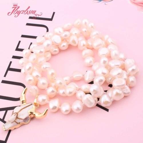 5-7mm Freeform White Pearl Natural Stone Beads Knotted Bohemian Tribal Horn Pendant Jewelry Necklace For Woman Christmas 25"