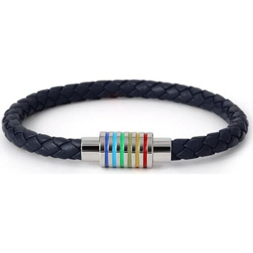 Vintage Red Black Genuine Braided Leather Bracelet For Women Men Pride Rainbow Magnetic Charm Stainless Steel Bracelet Male Gift