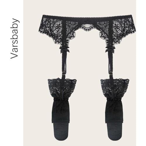 Varsbaby black lace garter transparent underwear black garter +stockings 2 pcs S-XL for women