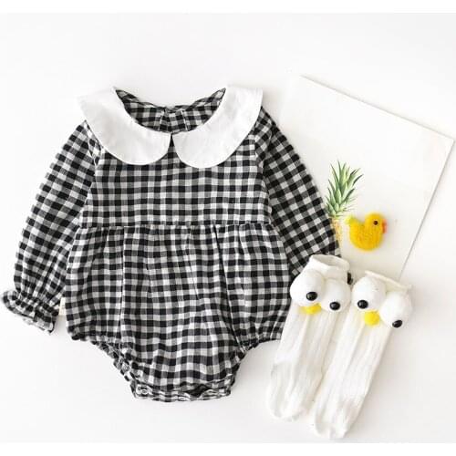 Spring Summer Toddler Baby Girls Long Sleeve Peter Pan Collar Plaid Romper One Pieces Jumpsuit Outfits Sunsuit Preppy Clothing