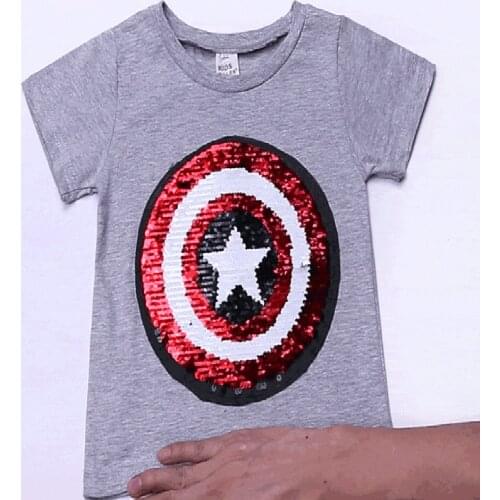 Baby Boys T-shirt Magic Sequin Spiderman Captain America Girl Short Sleeve T-shirt Fashion Kids Baby Tops Tees Children Clothing
