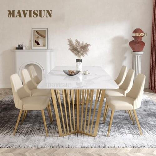 Glossy Rock Slab Dining Table Rectangular White Stainless Steel High-End Marble Kitchen Table For Restaurant Indoor Furniture