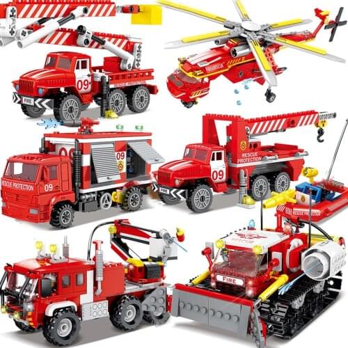 City Fire Truck Engine Helicopter Building Blocks Fire Station Boat Firemen Firefighter Figure Educational DIY Toys for Children