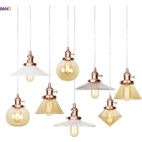 IWHD Rose Gold Glass LED Pendant Lights Fixtures Knob Switch Bedroom Living Room Kitchen Nordic Modern Hanging Light Lamp Edison