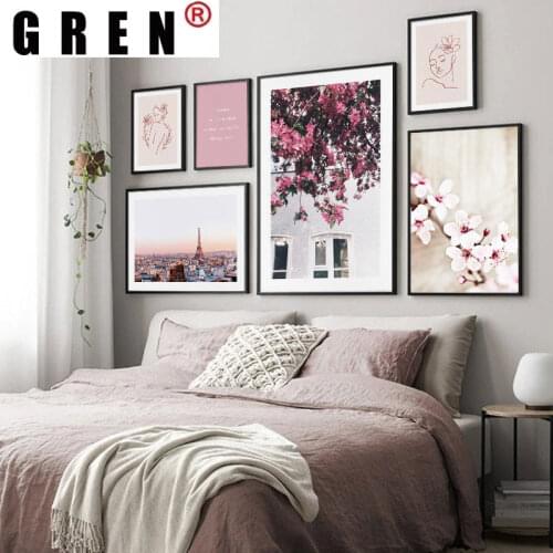 GREN Cherry Flower Paris Landscape Line Drawing Canvas Painting Wall Art Print Poster Picture Modern Living Room Home Decoration