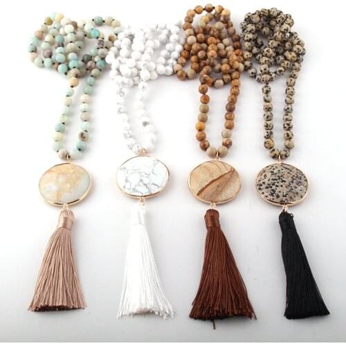 Fashion Bohemian Jewelry Semi Precious Stones Long Knotted Matching Stone Links Tassel Necklaces For Women Ethnic Necklace