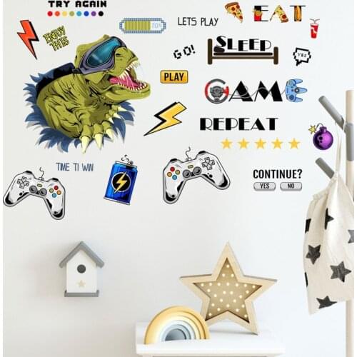 Cartoon Dinosaur Gamer Wall Stickers for Kids Room Decoration Art Decals Bedroom Decor Door Paste Vinyl Mural Game Room Posters