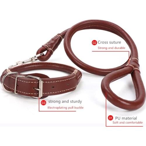 New Thick PU Leather Dog Collar and Leash Set Round Strong Pet Walking Training Leash for Small Medium Big Dog