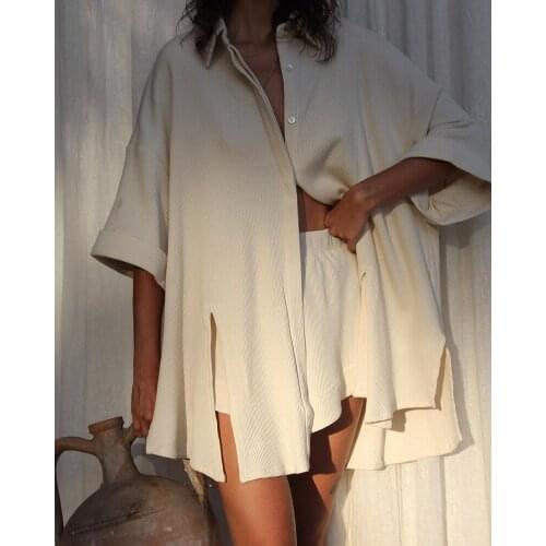 Sexy Women Two Piece Set Casual Loose Long Sleeve Blouses Shirt Tops High Waist Shorts Pants Solid Female Tracksuits Outfits