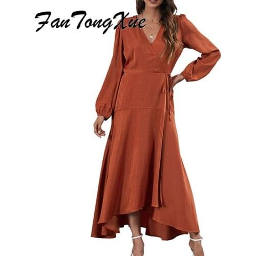 Spring/Autumn Dresses Women Solid Lace Up Slit Elegant Dress Women Asymmetrical Full Sleeve V Neck Long Party Dress Office Lady