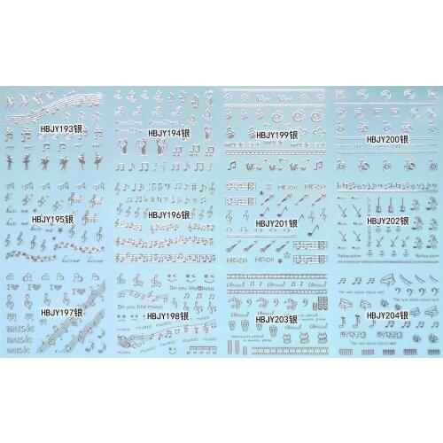 12 SHEETS NAIL ART 3D SELF ADHESIVE GOLD SILVER BLACK WHITE STICKER DECAL SLIDER MUSICAL NOTES BALLET DANCER HBJY193-204