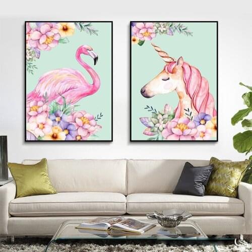Northern European Modern Pink Unicorn Flamingo Flower Decorative Painting Living Room Background Wall Poster wall art painting