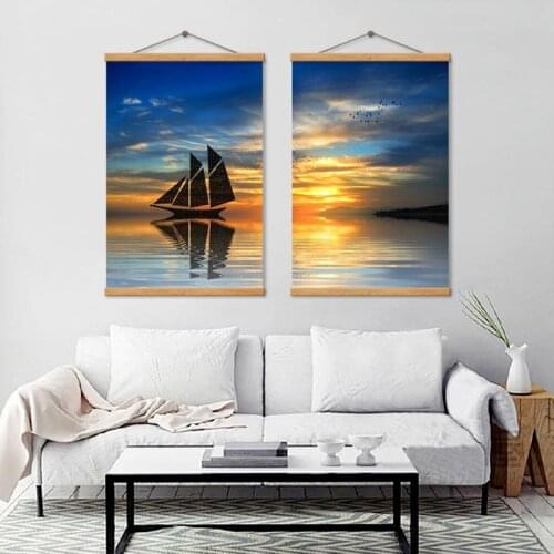 Sunsets Natural Golden Sea Landscape And Sailing Boat Canvas Posters Prints Painting Panorama Wall Art Picture For Living Room