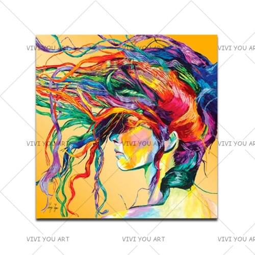 T Artist Hand Painted Abstract Colorful Girl Face Figure Oil Painting for Living Room Wall Painting for Home Decor Wall Art