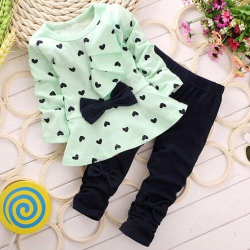 TELOTUNY Childrens clothing New Baby Sets Cute Long sleeve Heart-Shaped Print Bow Kids Set T Shirt + Pants Outfits Set Jun20
