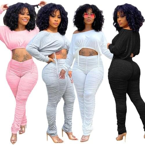 CM.YAYA Streetwear Solid Stacked Sweatsuit Womens Set Crop Top Ruched Pants Set Active Tracksuit Two Piece Fitness Outfit Set