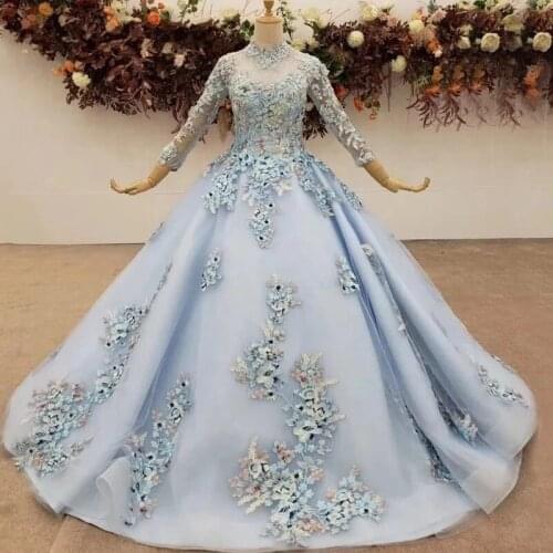 Gorgeous Ice Blue Evening Dresses Long Sleeves Lace Floral Evening Gowns Beads Puffy Formal Wear Elegant robe de soiree 2021