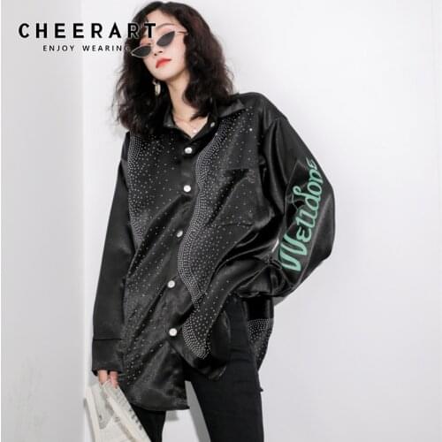 CHEERART Rhinestone Blouse Women Shirt Letter Print Long Sleeve Button Up Shirt Plus Size Tops Fashion Fall Clothes 2019
