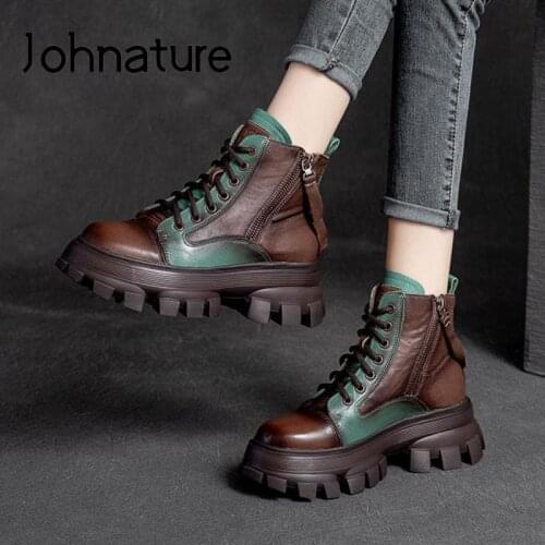 Johnature Shoes Women Boots Genuine Leather Mixed Colors 2021 New Autumn Winter Zip Round Toe Retro Handmade Leisure Ankle Boots