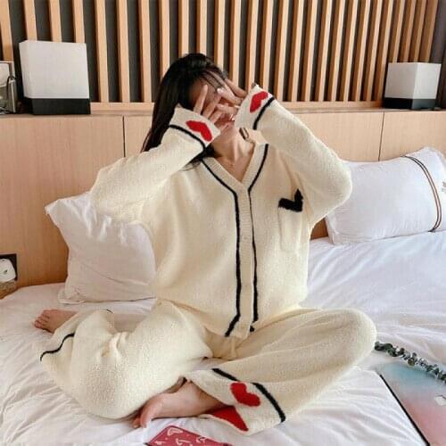 2021 Printed Womens 2 Piece Pajamas Suit Flannel Winter Clothing Top Hot