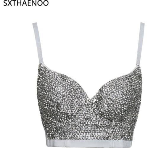 SXTHAENOO Sexy Rhinestone Crop Top Rave Festival Glitter Bustier Silver Tank Top Party Night Club Handmade Vest Diamond Bra