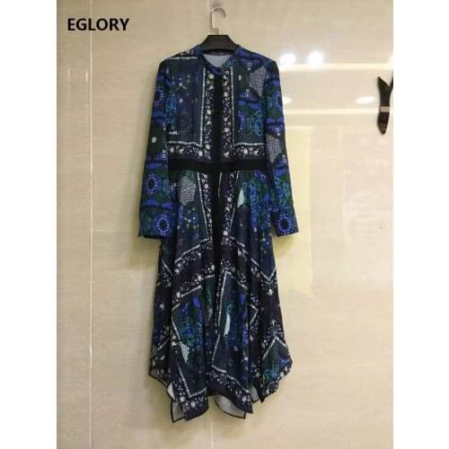 High Quality Womens Dress 2021 Spring Summer Clothes Ladies O-Neck Royal Blue Print Long Sleeve Casual Sexy Asymmetrical Dress