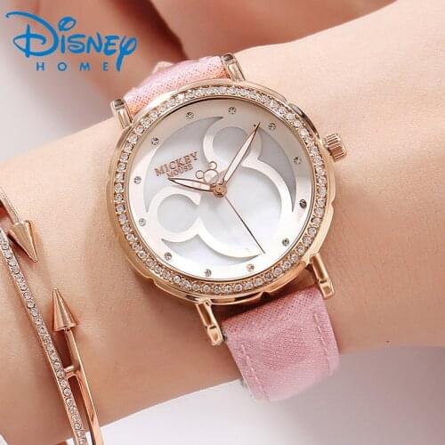 Disney Mickey Girls Rhinestone Watch 100% Original New Quartz Whatch Pink Leather Strap High Quality Luxury Watch 2018 MK-11002