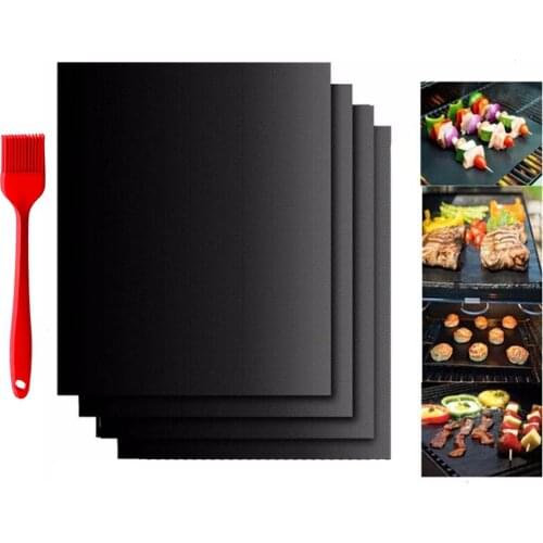 4Pcs Heat Resistant Non-stick BBQ Grill Mats with Brush for Outdoor Barbeque Grilling Accessories Easy Clean Reusable