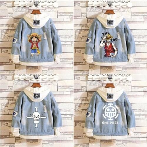 Anime One Piece Denim Jacket Luffy Hooded Jeans Sweatshirt Ripped Hole Cosplay Unisex Hoodie